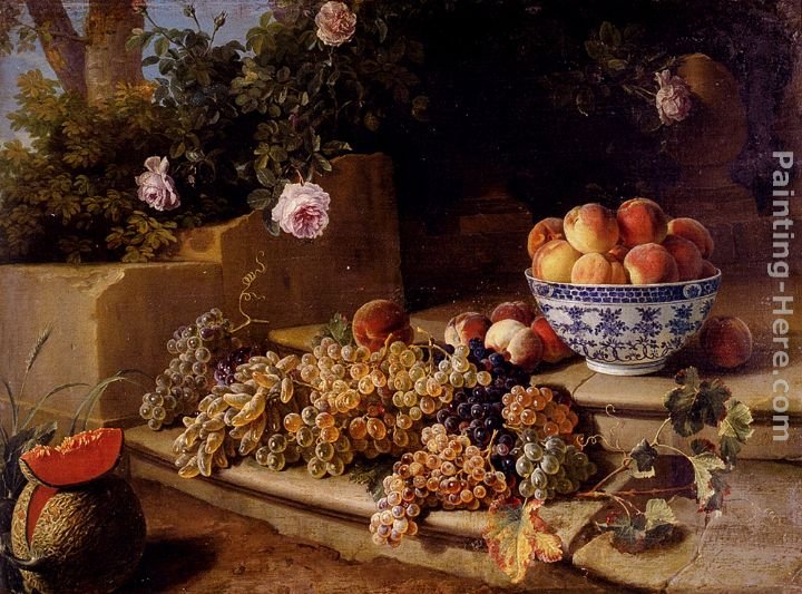 Alexandre-Francois Desportes Still Life Of Grapes, Peaches In A Blue And White Porcelain Bowl And A Melon, Resting On A Stone Stairway